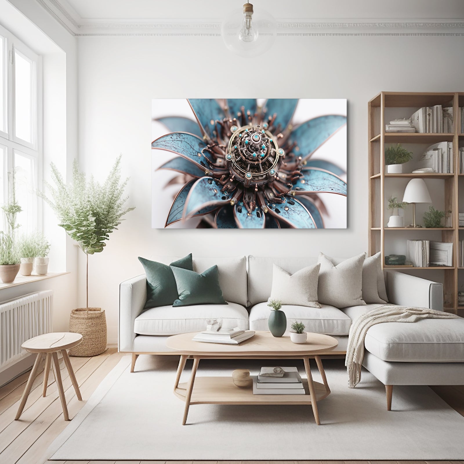 Blue Gear Dahlia Steampunk Wall Decor – styled in a furnished interior