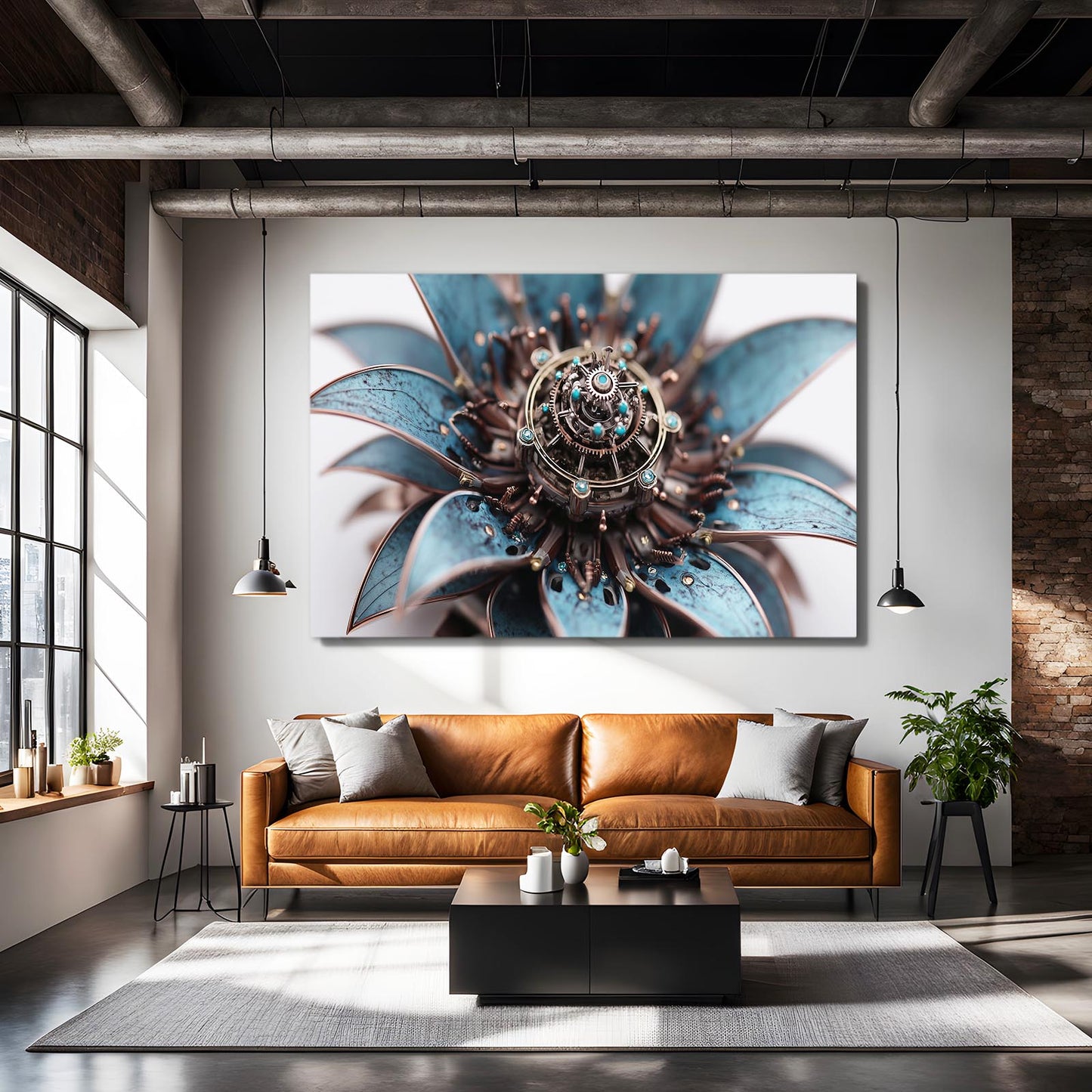 Blue Gear Dahlia Steampunk Wall Decor – styled in a furnished interior