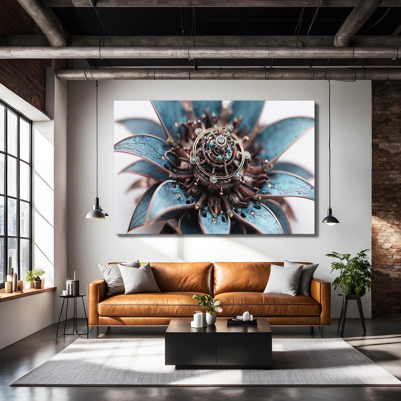 Blue Gear Dahlia Steampunk Wall Decor – styled in a furnished interior