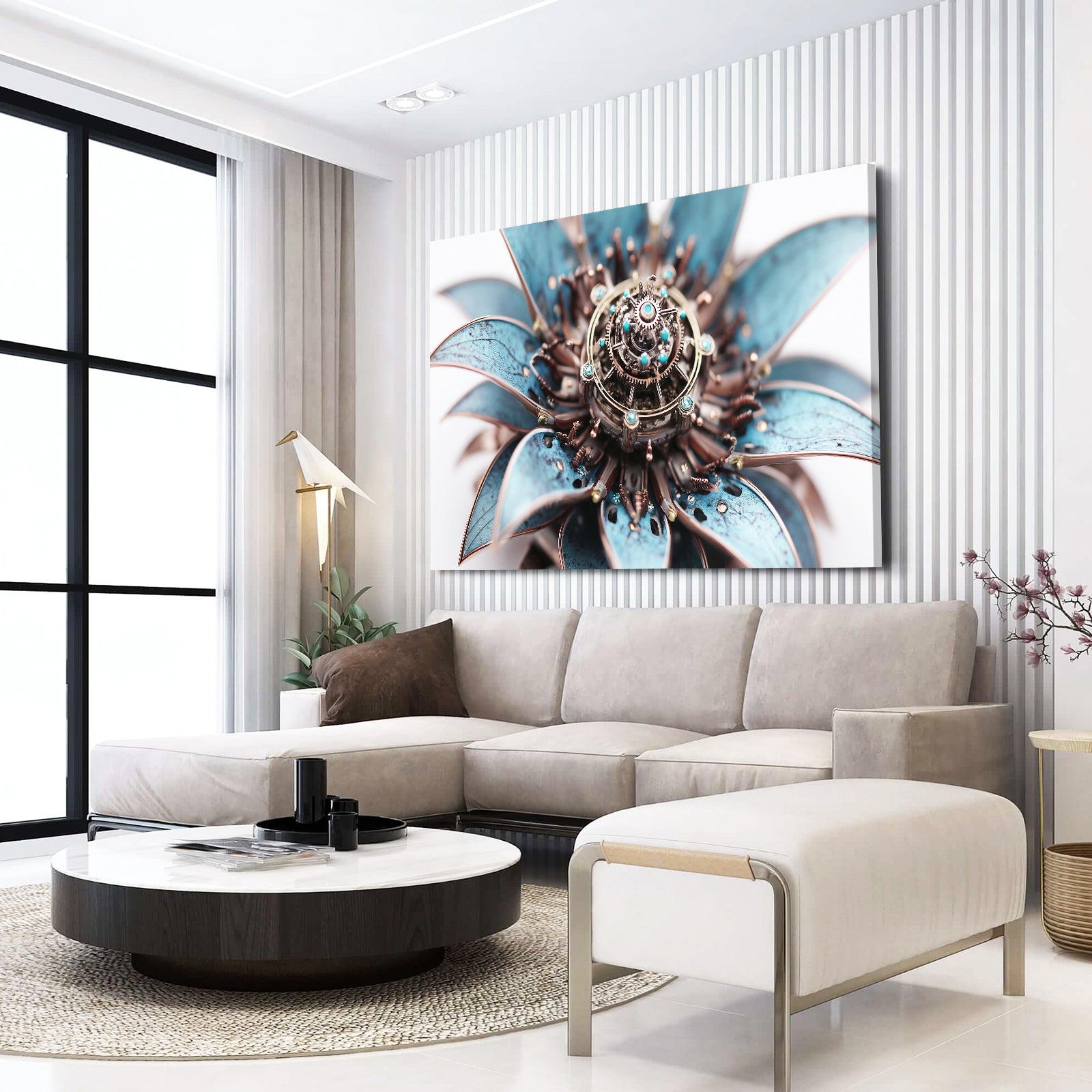 Blue Gear Dahlia Steampunk Wall Decor – styled in a furnished interior