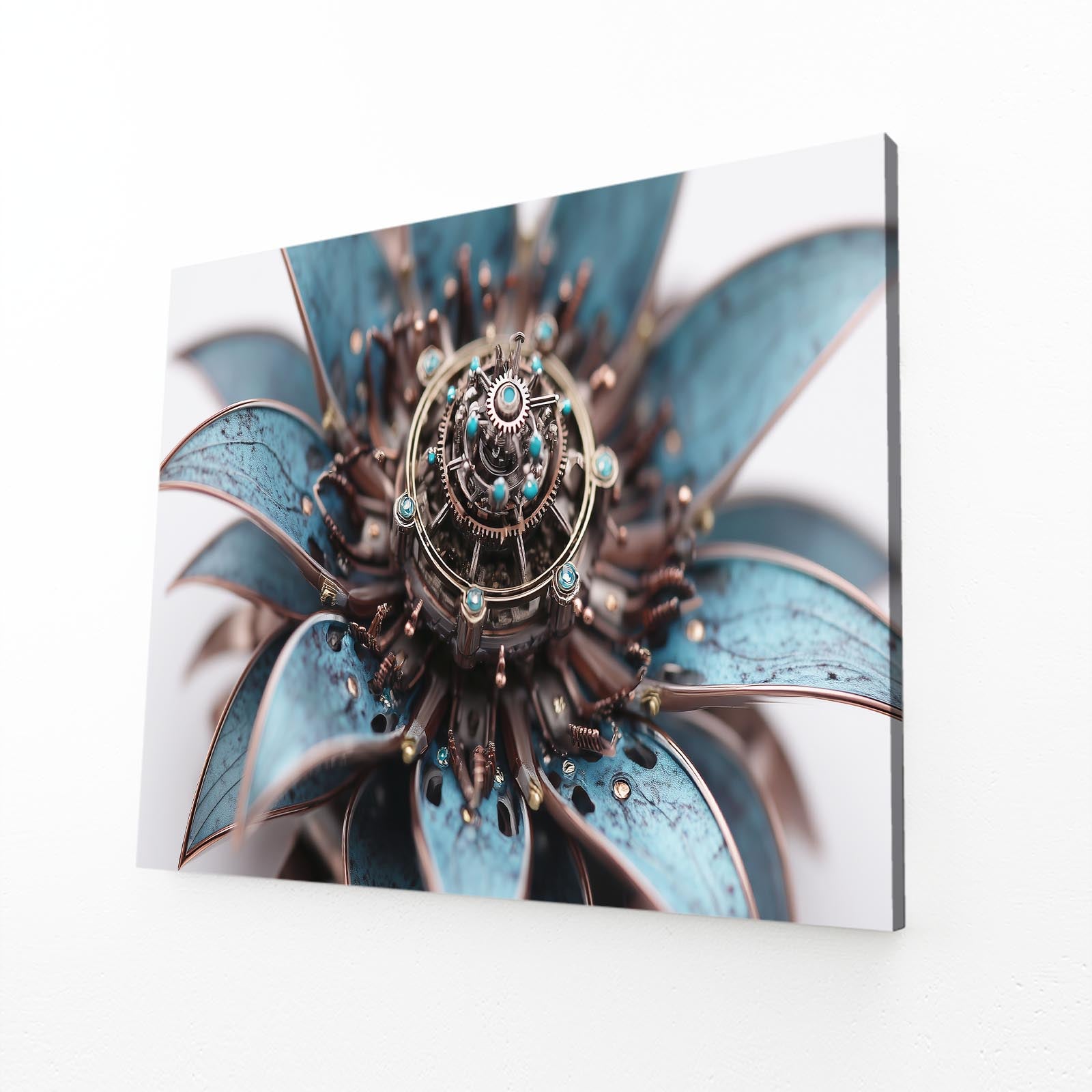 Blue Gear Dahlia Steampunk Wall Decor – angled canvas view on white background