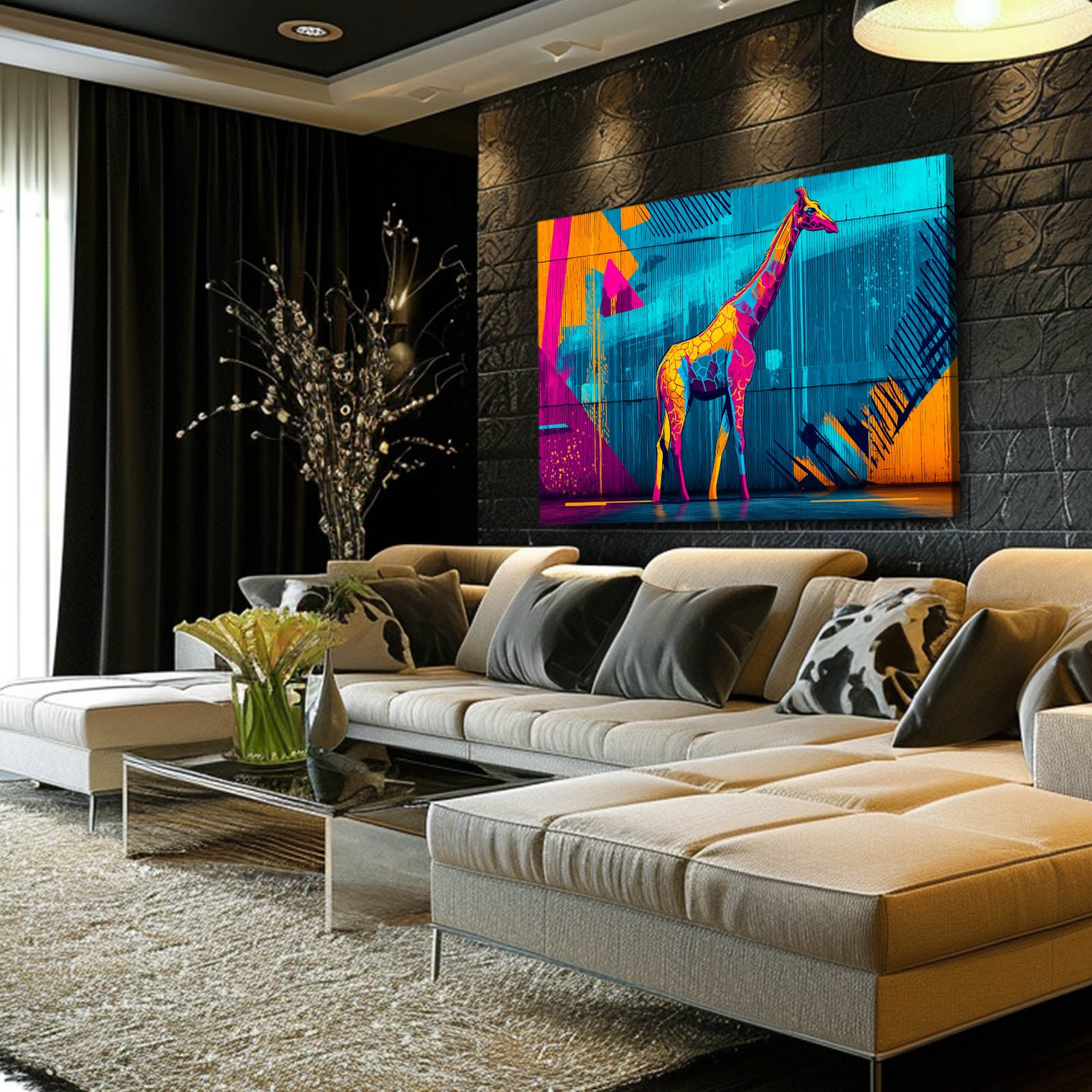 Modern living room with a colorful abstract painting of a giraffe on a wall-mounted TV.