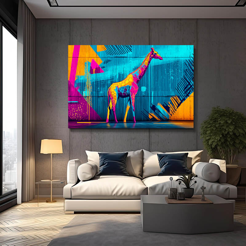 Modern living room with a colorful abstract painting of a giraffe on the wall.