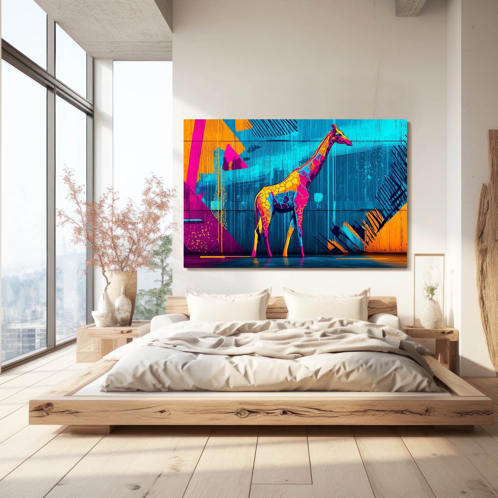 Colorful abstract painting of a giraffe on a wall above a bed in a modern bedroom.