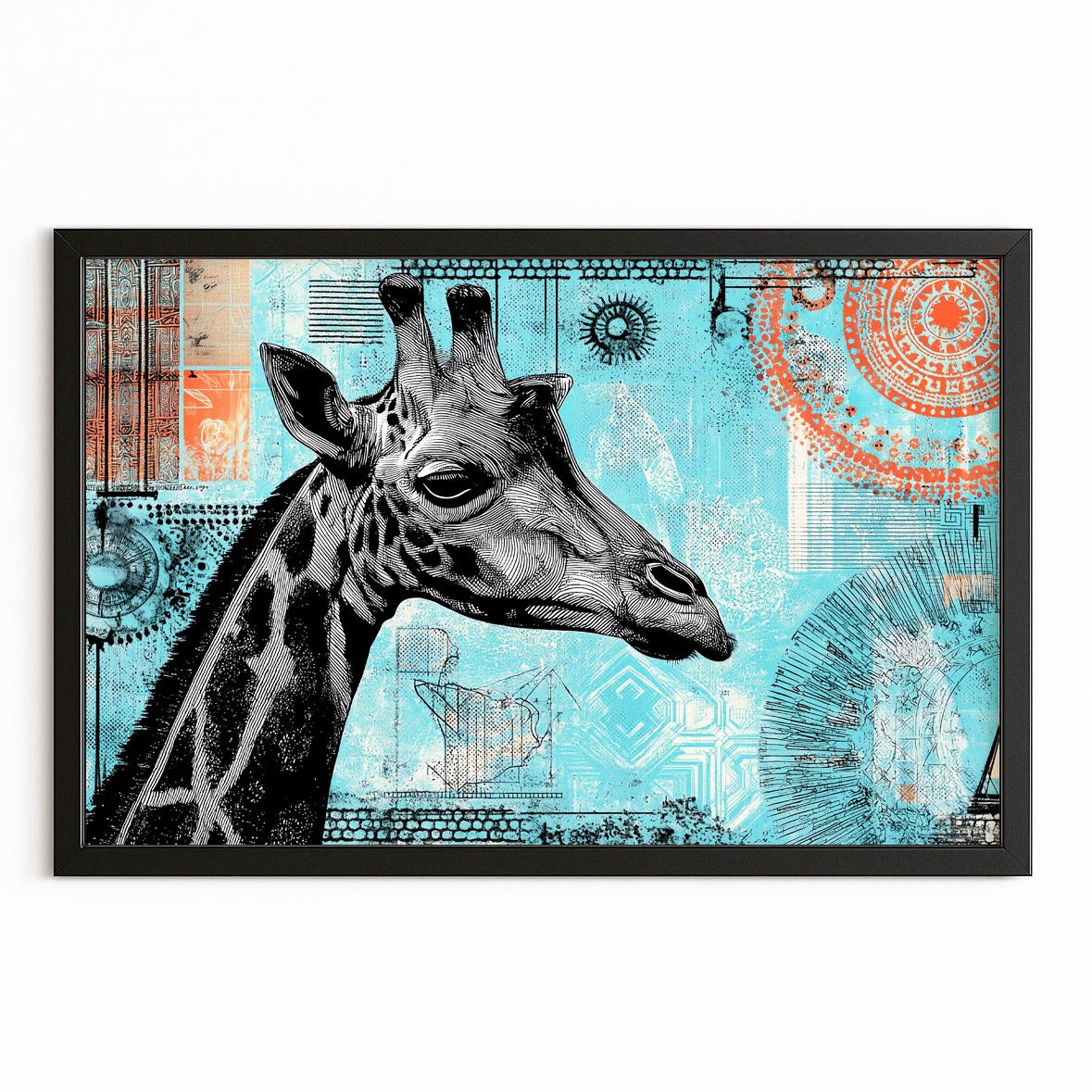 Framed artwork with a giraffe illustration on a blue abstract background