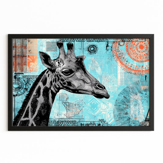 Framed artwork with a giraffe illustration on a blue abstract background