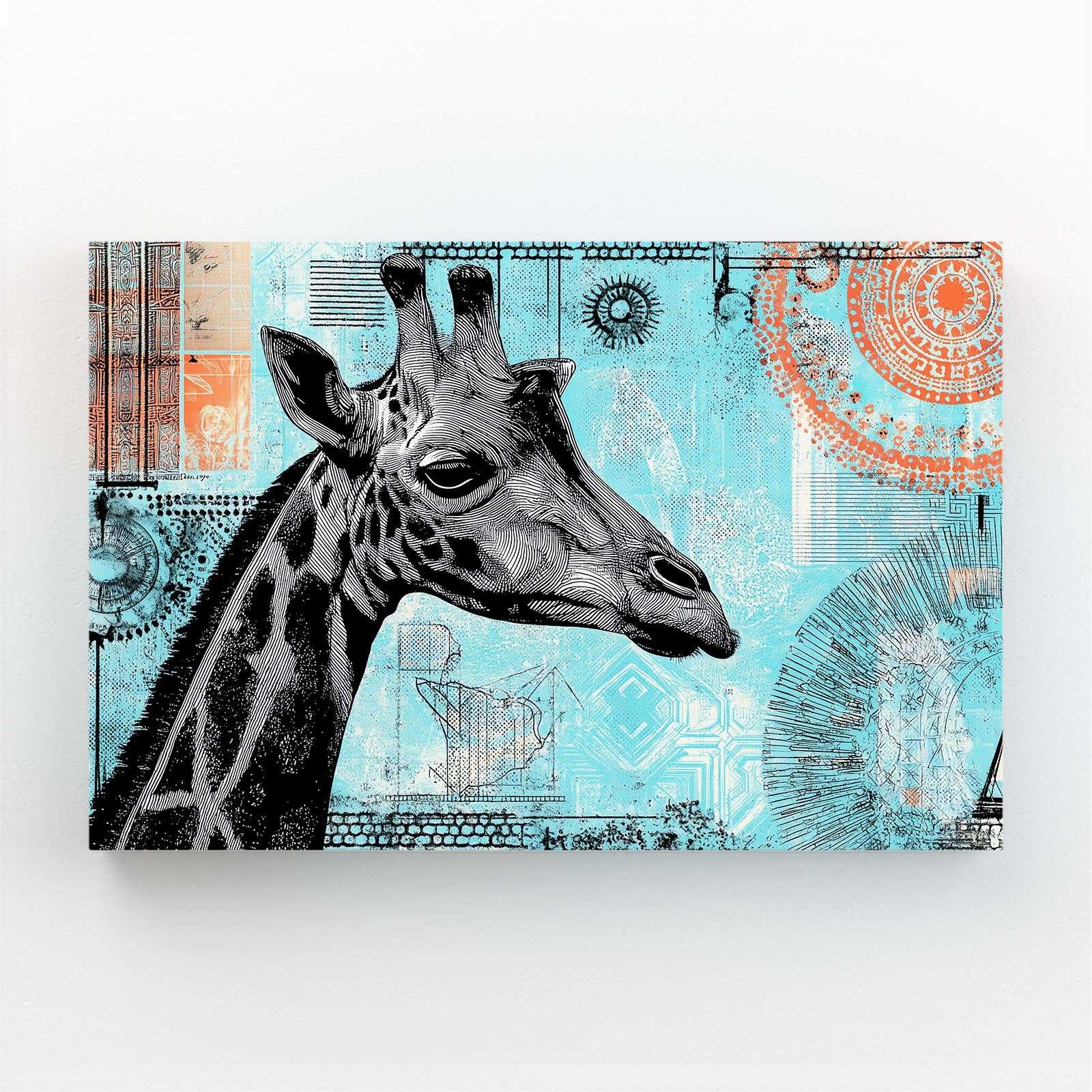 Canvas print with a stylized giraffe head on a blue and orange abstract background