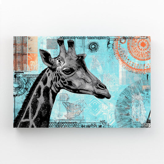Canvas print with a stylized giraffe head on a blue and orange abstract background