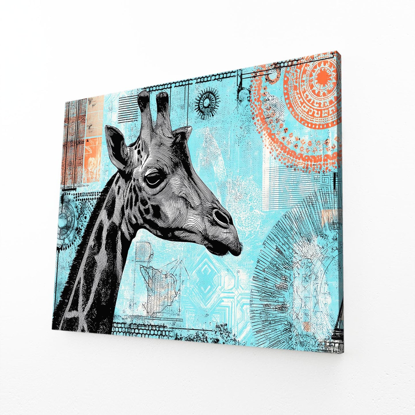 Canvas print with a giraffe illustration on a blue and orange abstract background