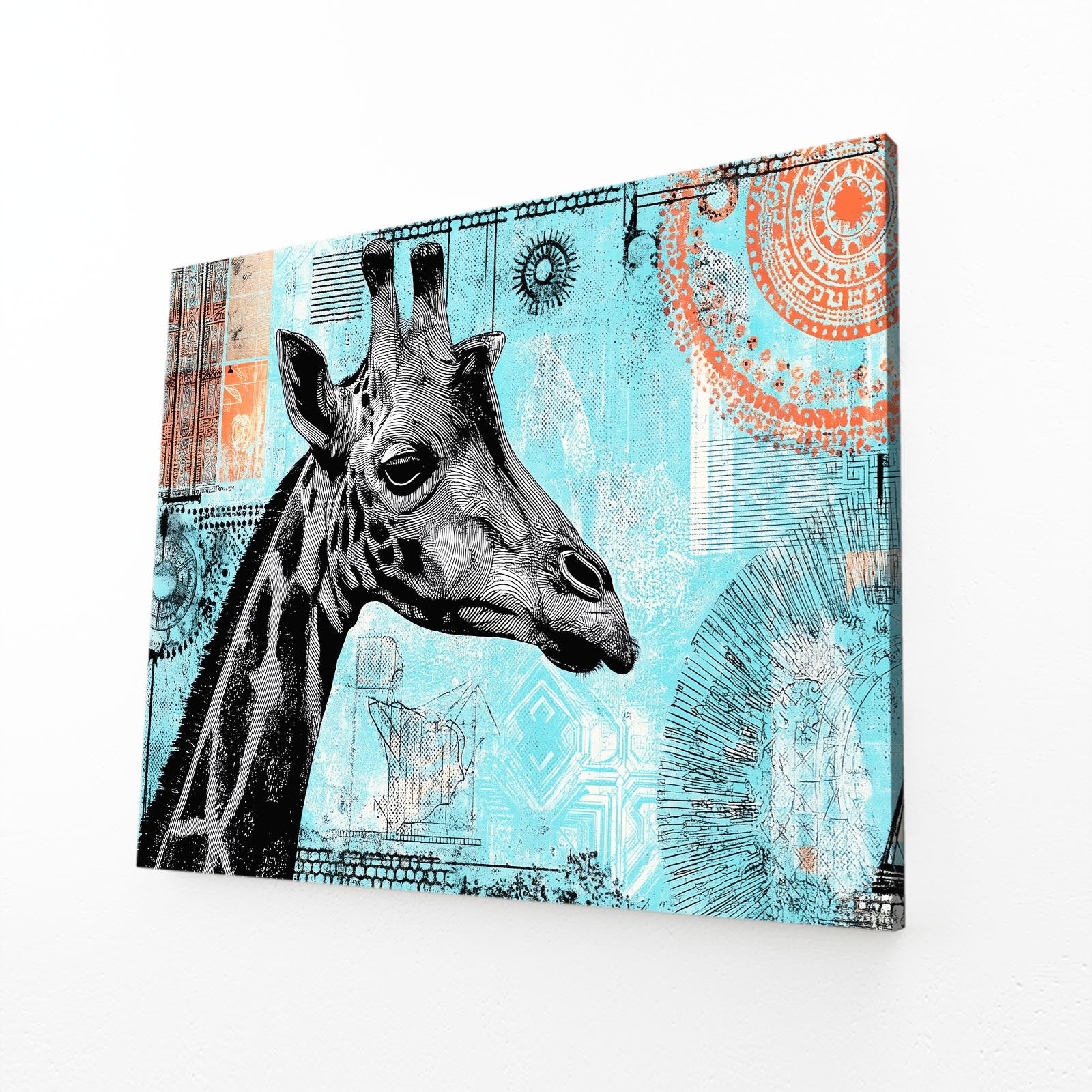 Canvas print with a giraffe illustration on a blue and orange abstract background