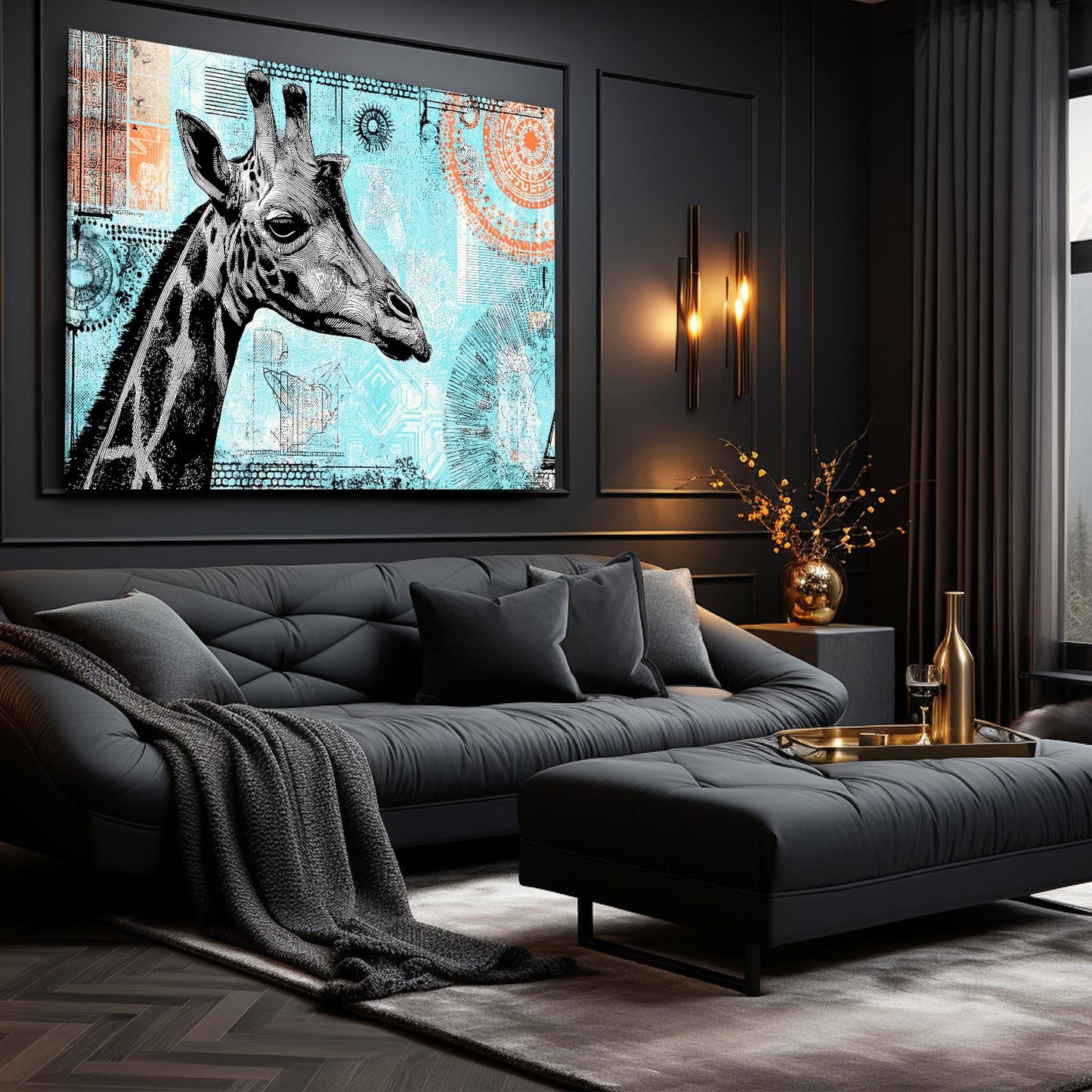 Modern living room with a black sofa, ottoman, and decorative wall art of a giraffe.