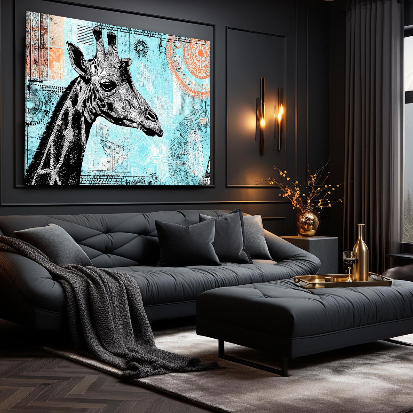 Modern living room with a black sofa, ottoman, and decorative wall art of a giraffe.