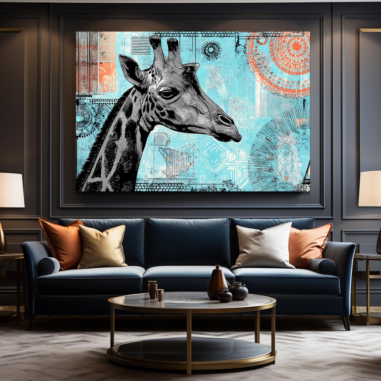 Living room with a blue sofa, round coffee table, and a large framed artwork of a giraffe on the wall.