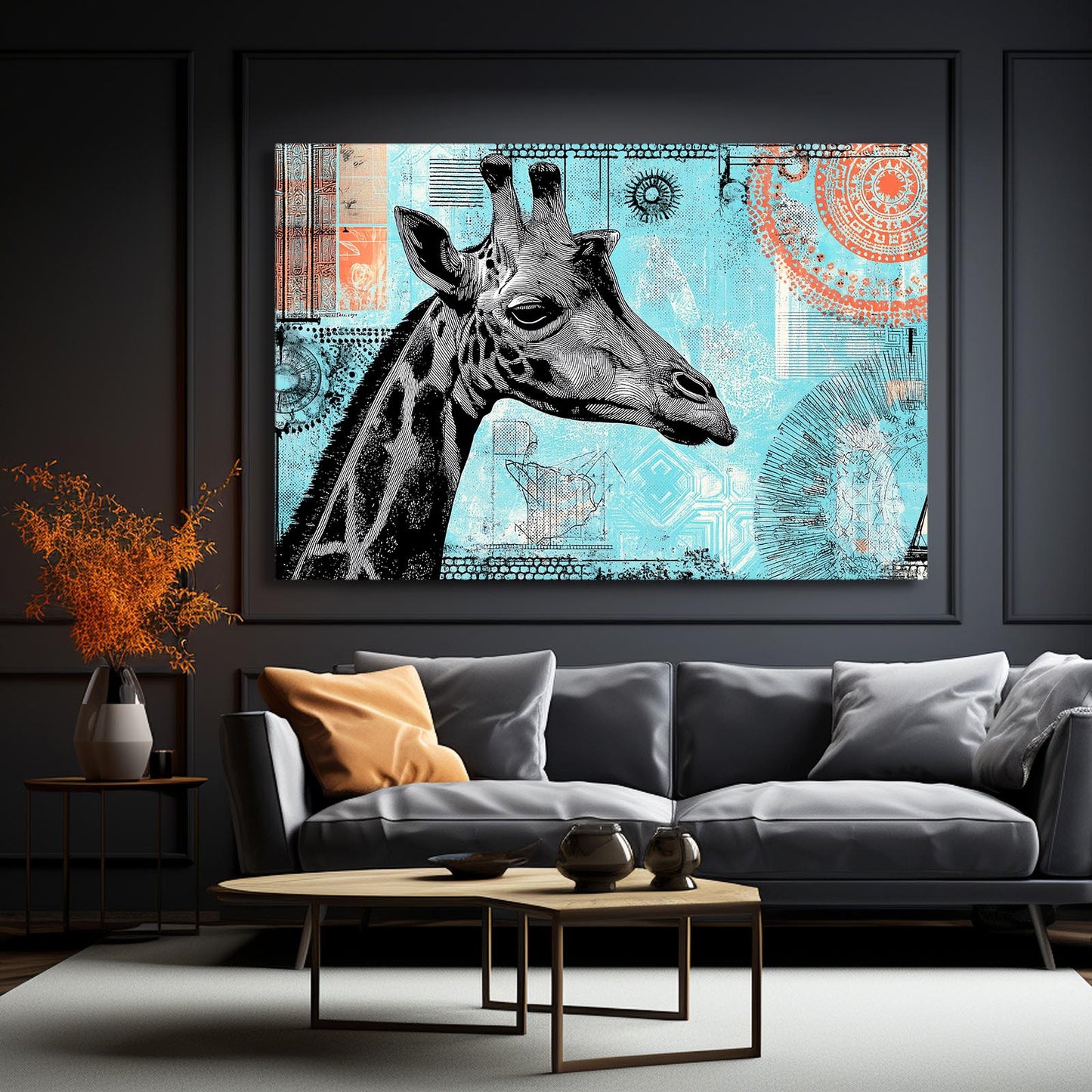 Framed artwork of a giraffe on a wall above a gray sofa in a living room.