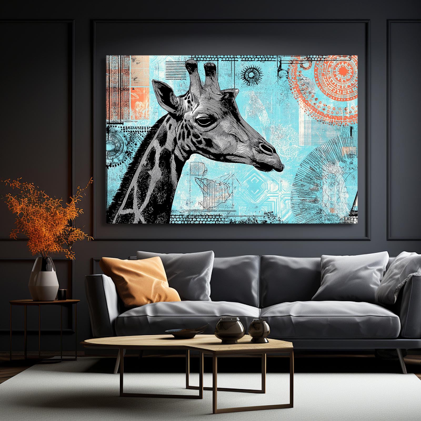 Framed artwork of a giraffe on a wall above a gray sofa in a living room.