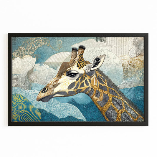 Framed artwork of a giraffe with a stylized landscape background