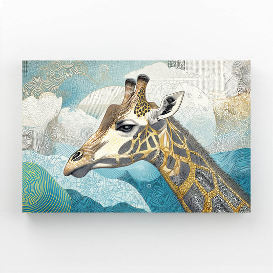 Giraffe illustration with abstract patterns on a blue and white background