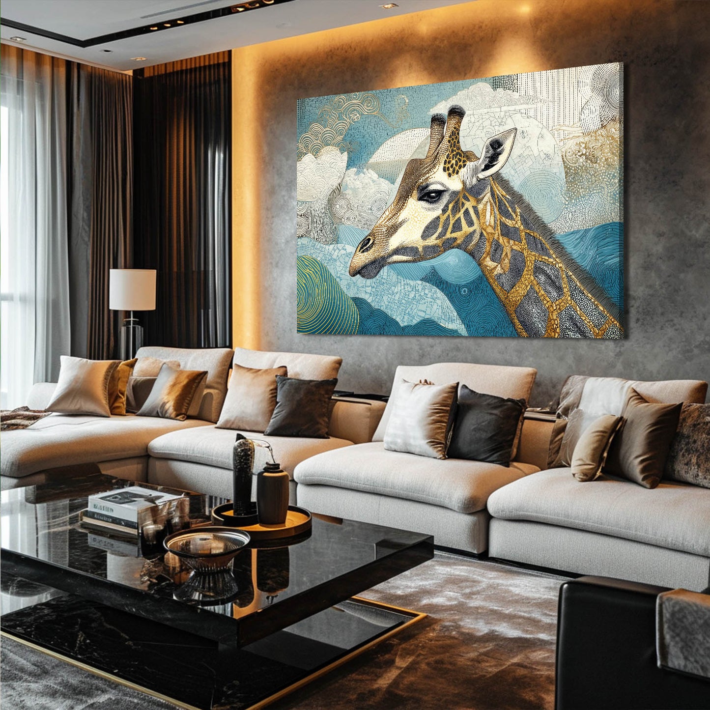 Modern living room with a large giraffe painting on the wall
