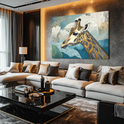 Modern living room with a large giraffe painting on the wall