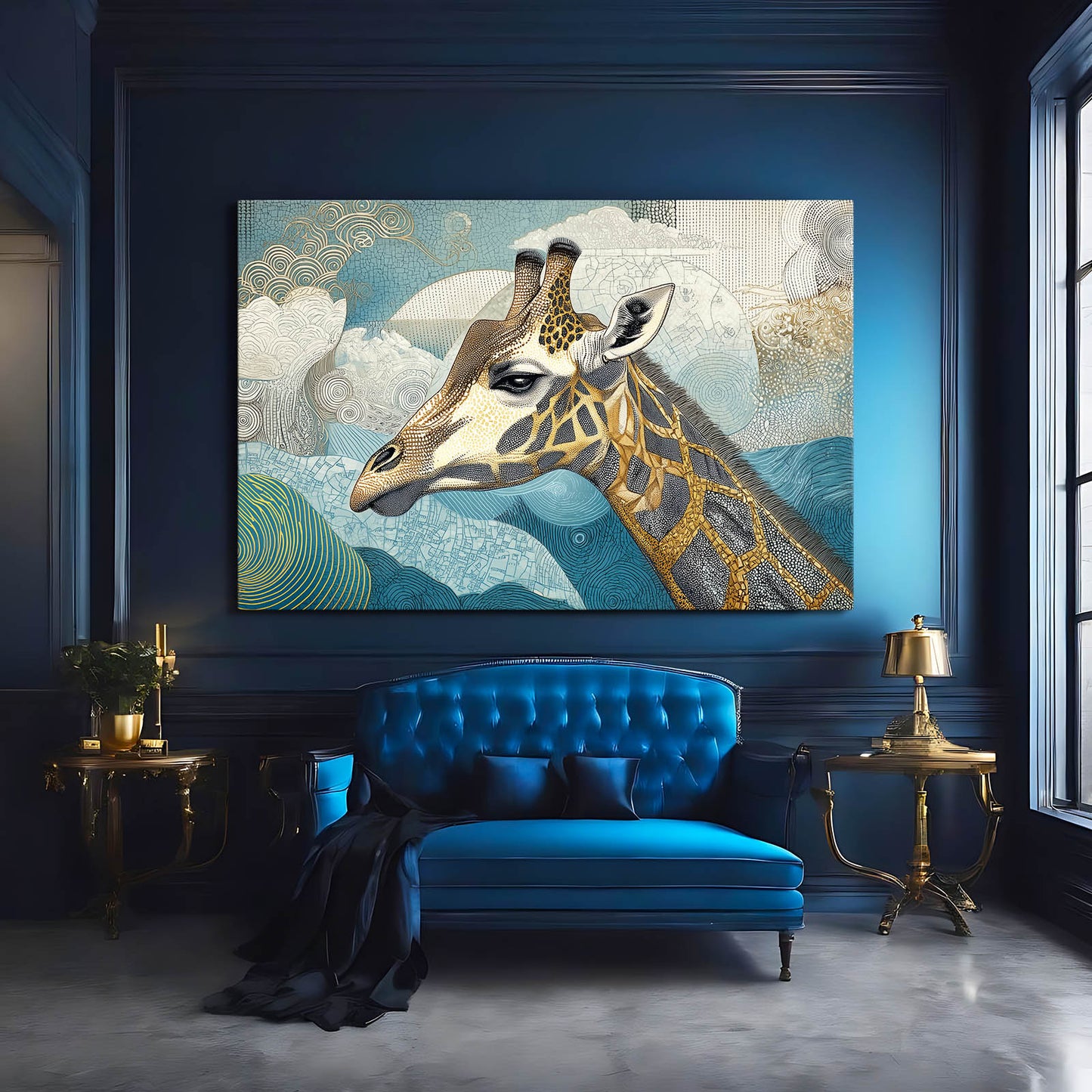 Giraffe painting on a blue wall above a blue sofa in a stylish room.