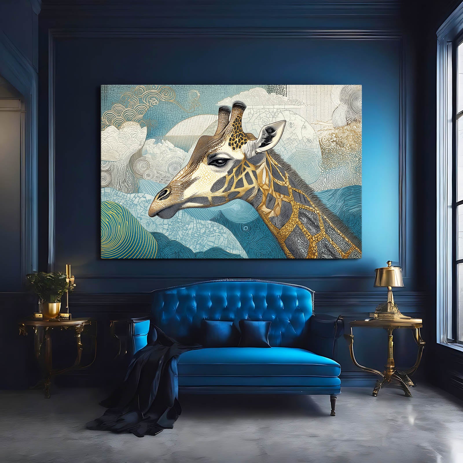 Giraffe painting on a blue wall above a blue sofa in a stylish room.
