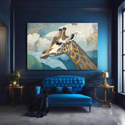 Giraffe painting on a blue wall above a blue sofa in a stylish room.