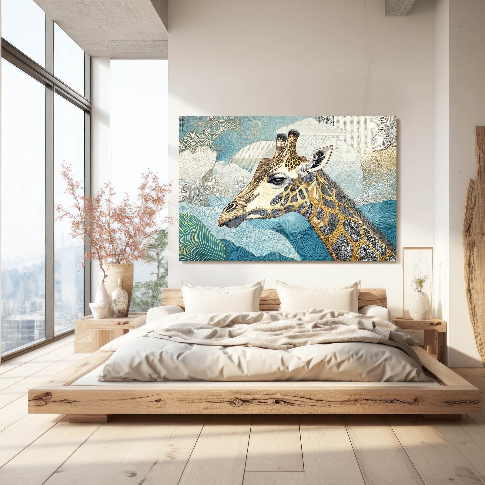 Modern bedroom with a large giraffe painting on the wall