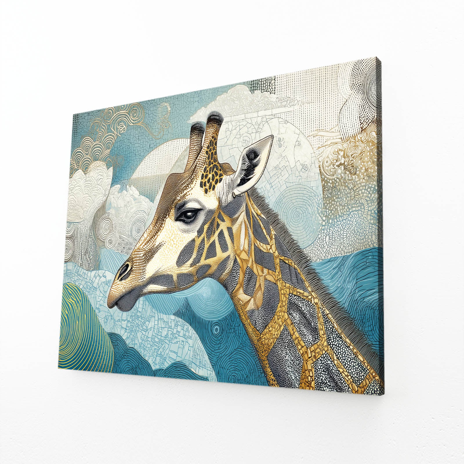 Canvas print of a stylized giraffe with abstract patterns in the background