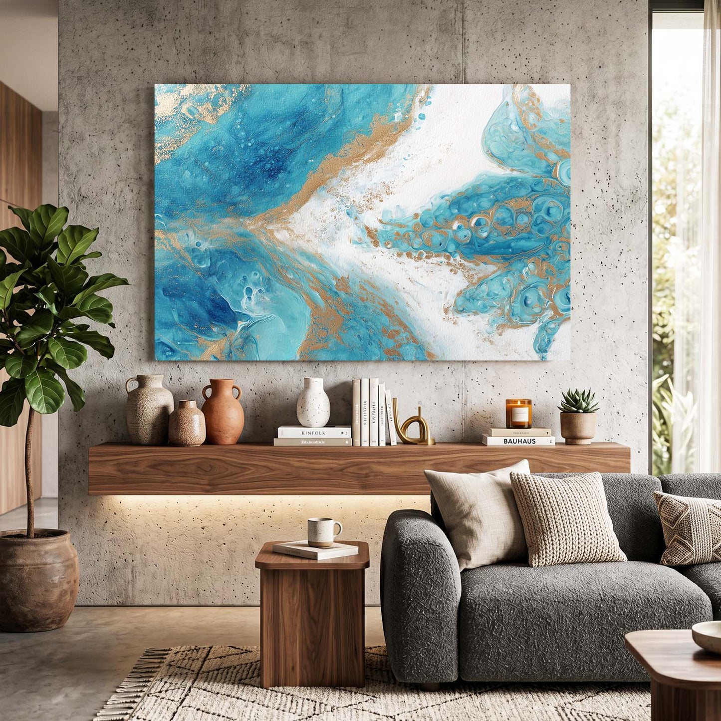 Blue Gold Pour Octopus Canvas – styled in a furnished interior