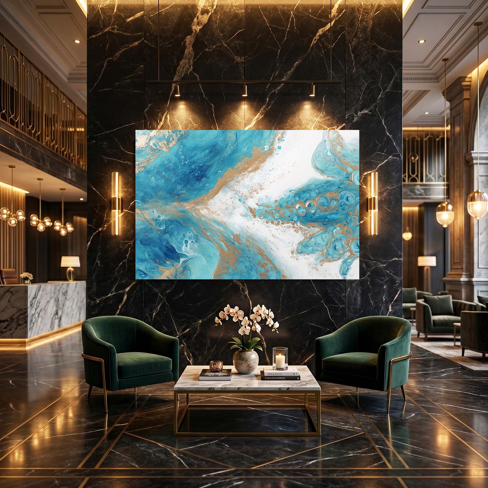 Blue Gold Pour Octopus Canvas – styled in a furnished interior