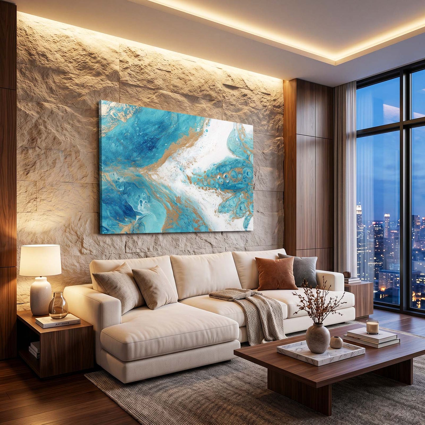 Blue Gold Pour Octopus Canvas – styled in a furnished interior