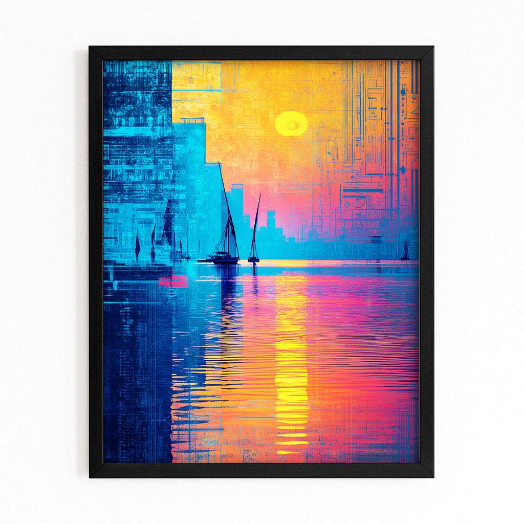 Blue Gold Pyramid Reflection Egyptian Art – with Premium Black frame on white background