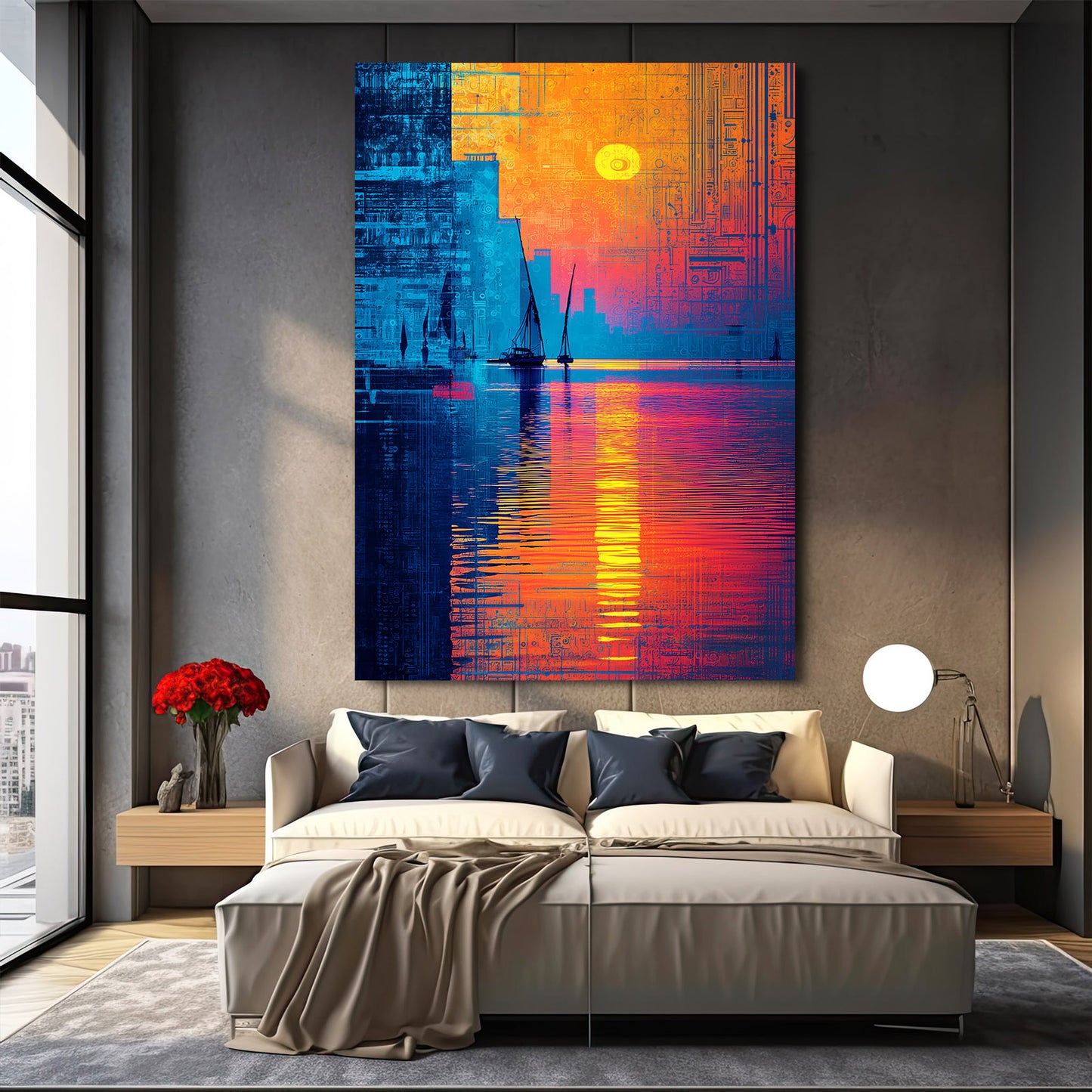 Blue Gold Pyramid Reflection Egyptian Art – styled in a furnished interior