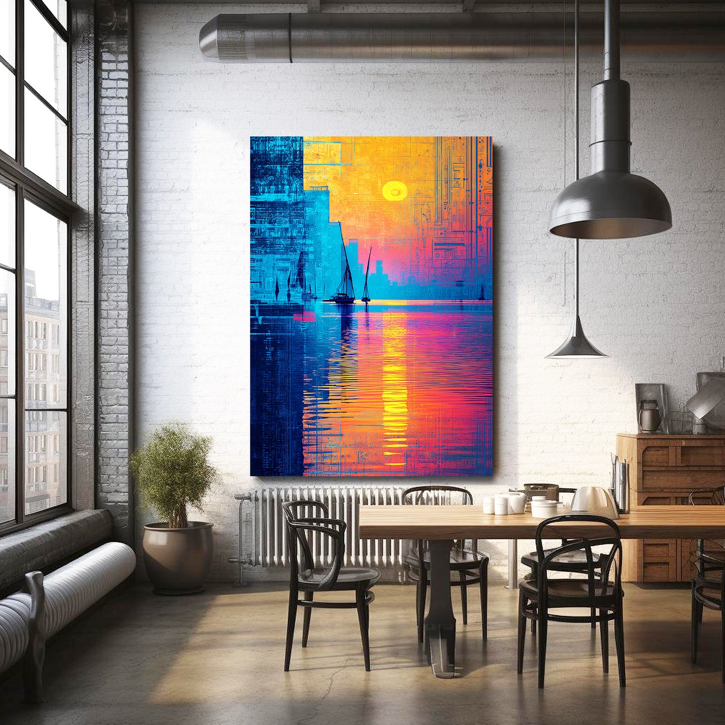 Blue Gold Pyramid Reflection Egyptian Art – styled in a furnished interior