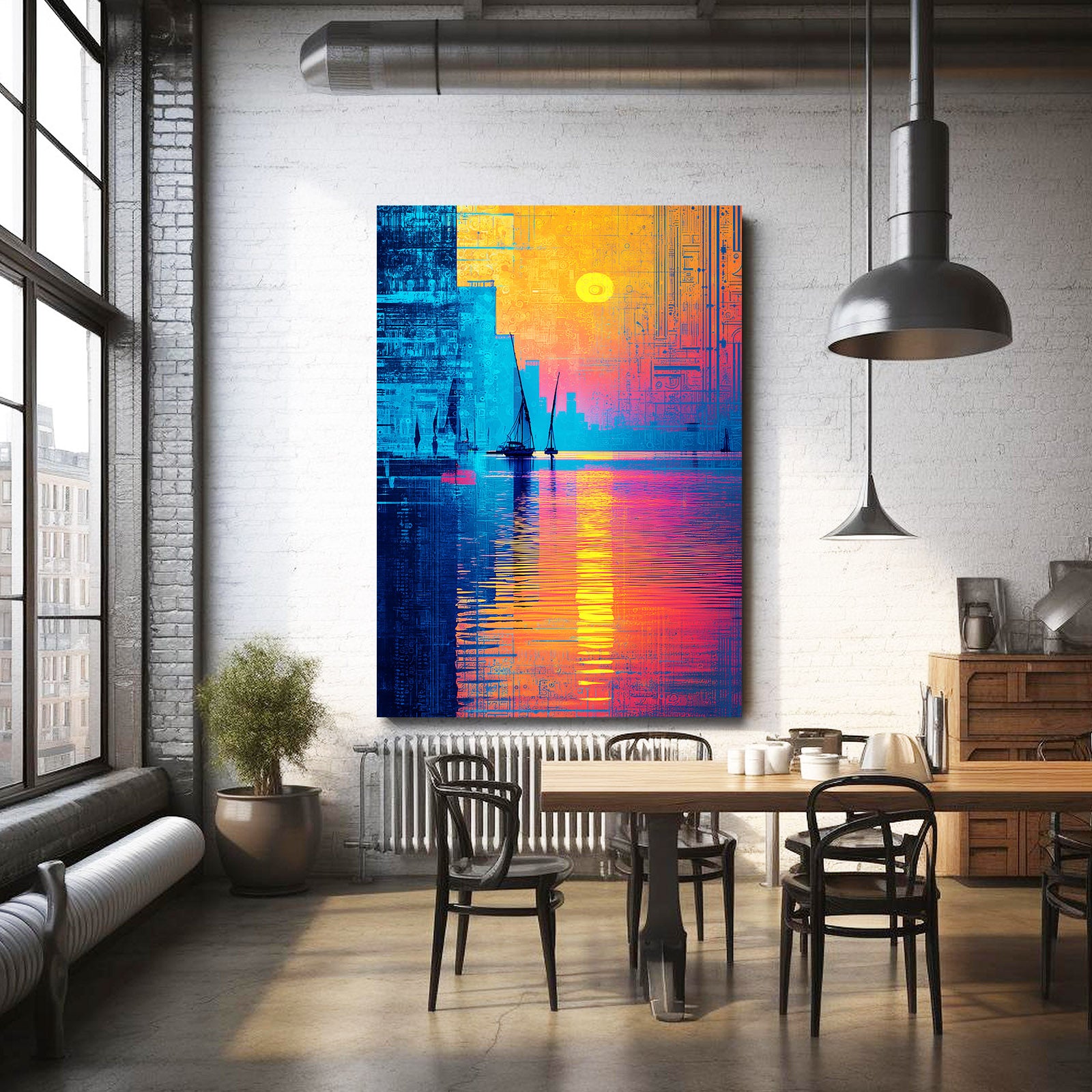 Blue Gold Pyramid Reflection Egyptian Art – styled in a furnished interior