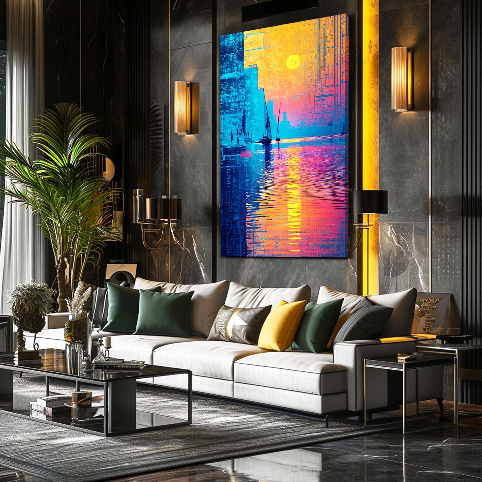 Blue Gold Pyramid Reflection Egyptian Art – styled in a furnished interior