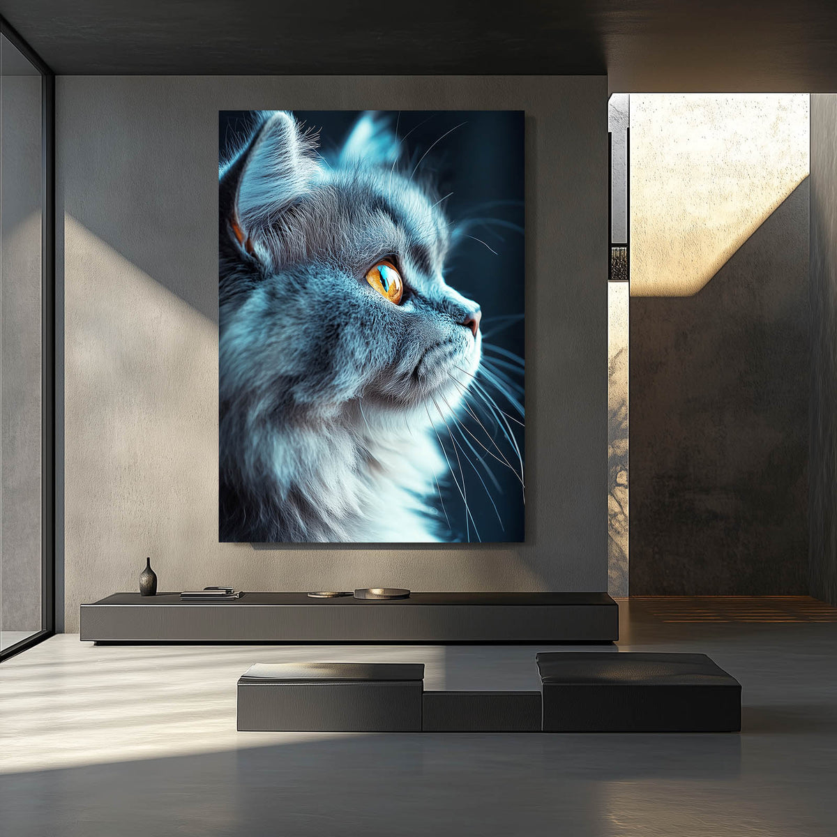 Blue Grey Profile Cat Canvas Art — photography canvas print, styled in a furnished interior