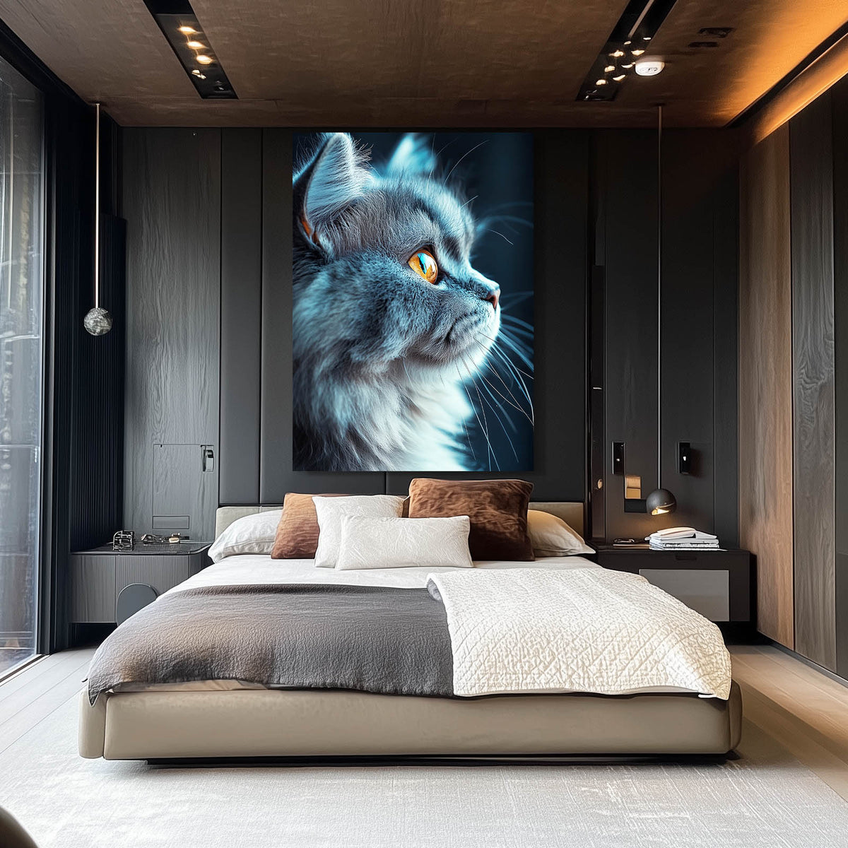 Blue Grey Profile Cat Canvas Art — photography canvas print, styled in a furnished interior