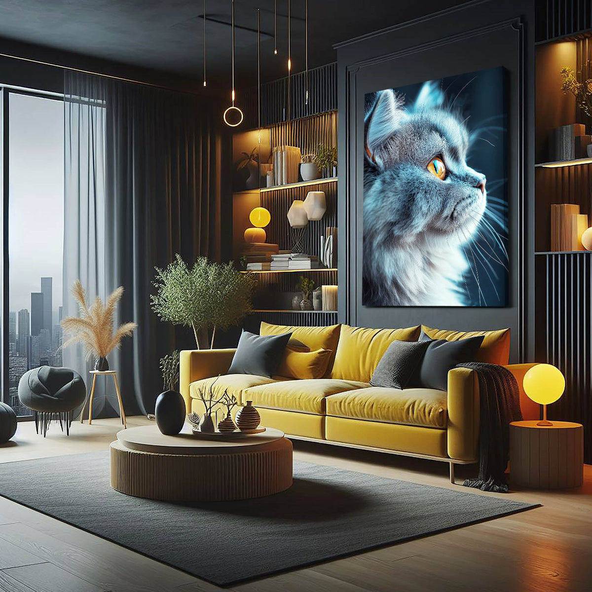 Blue Grey Profile Cat Canvas Art — photography canvas print, styled in a furnished interior