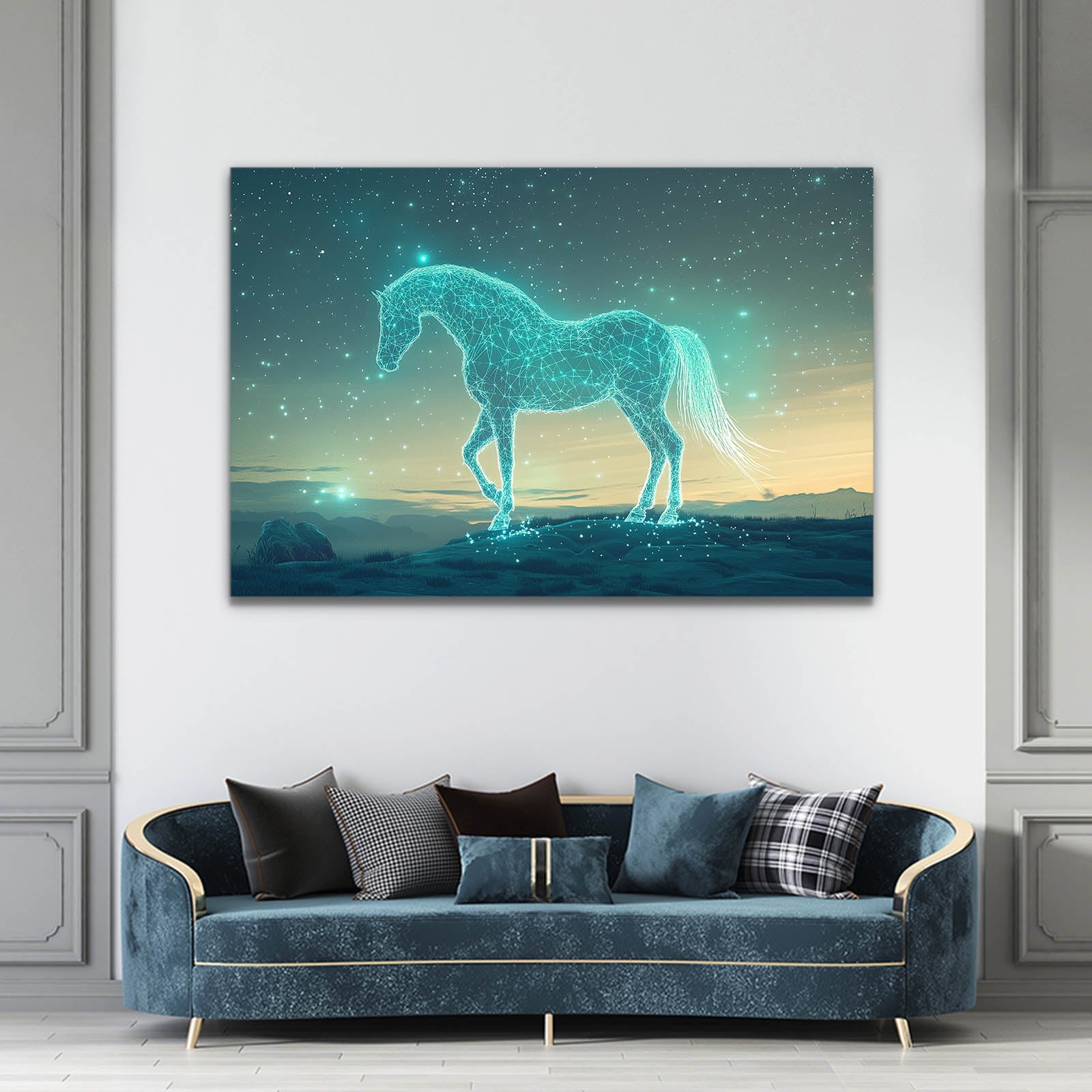 Blue Horse Art – angled canvas view on white background