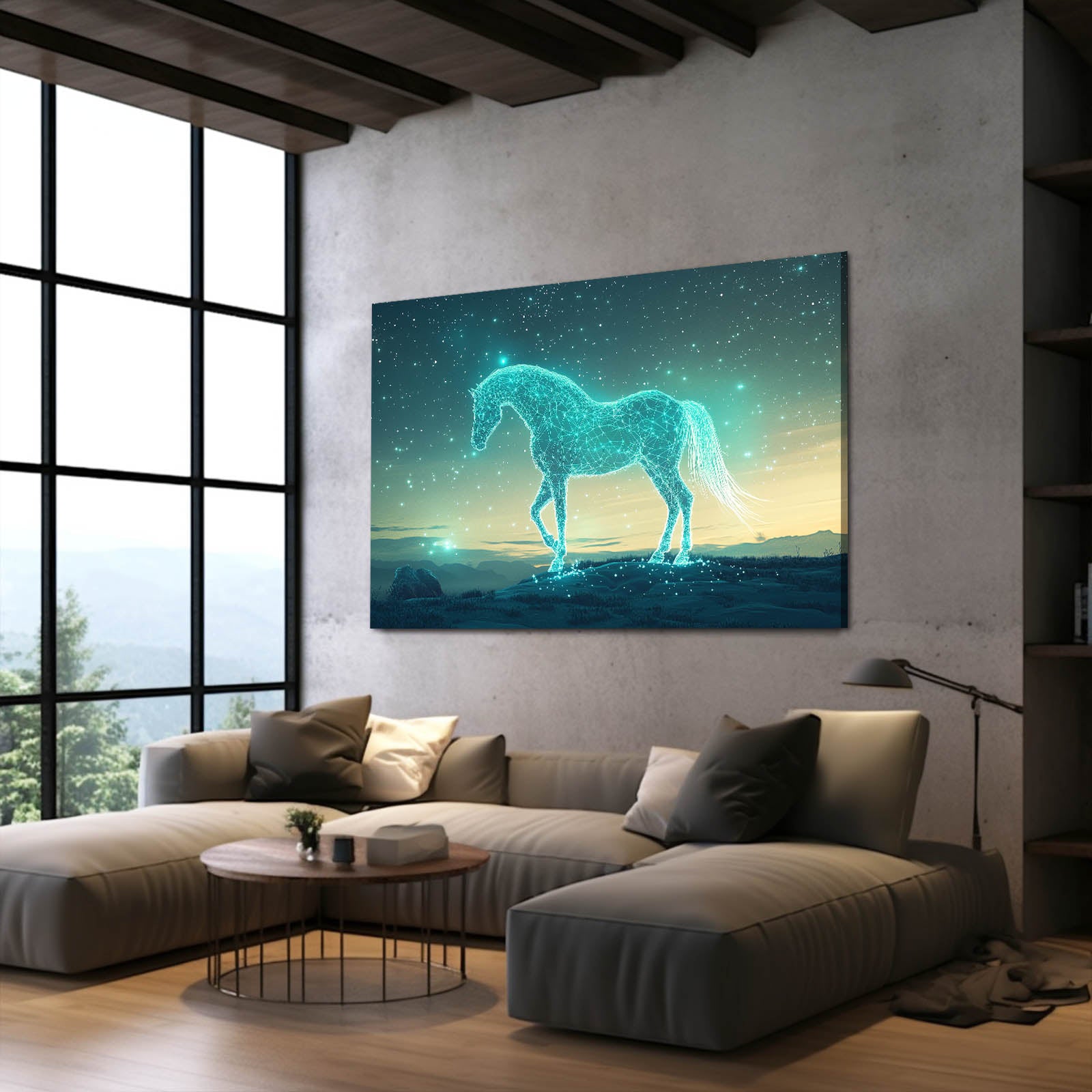 Blue Horse Art – angled canvas view on white background