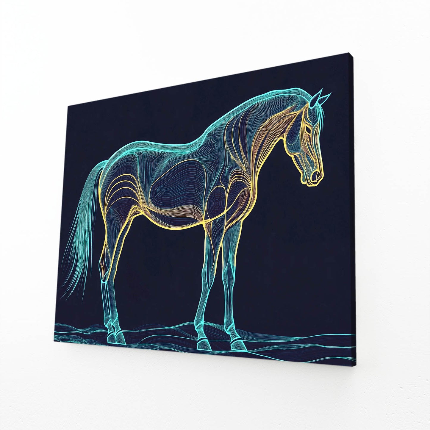 Blue Line Horse Wall Art – angled canvas view on white background