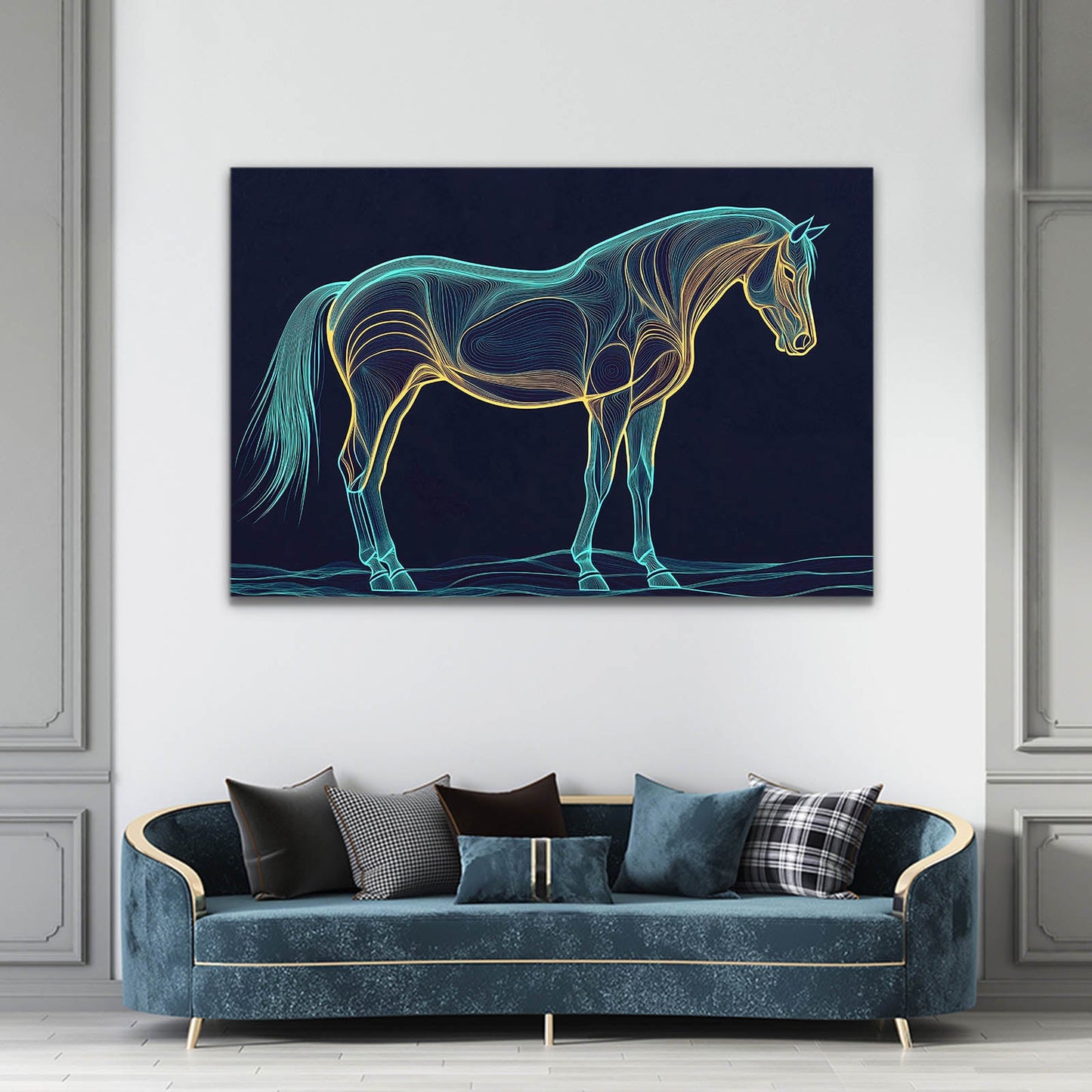 Blue Line Horse Wall Art – angled canvas view on white background
