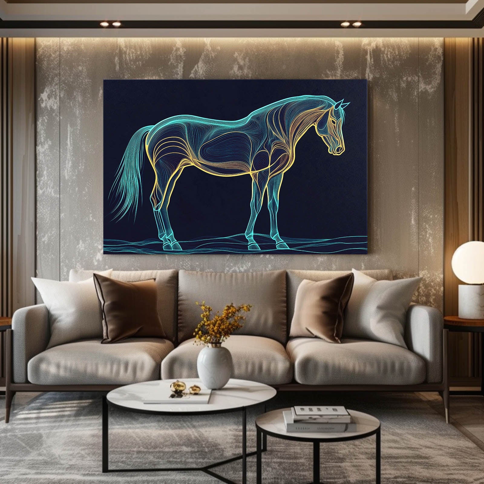 Blue Line Horse Wall Art – angled canvas view on white background