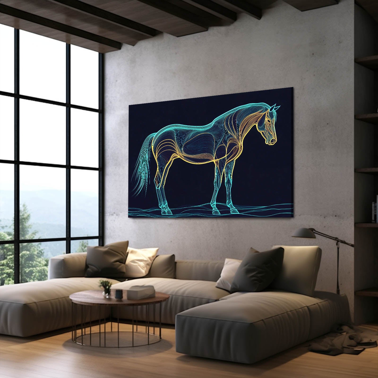 Blue Line Horse Wall Art – angled canvas view on white background