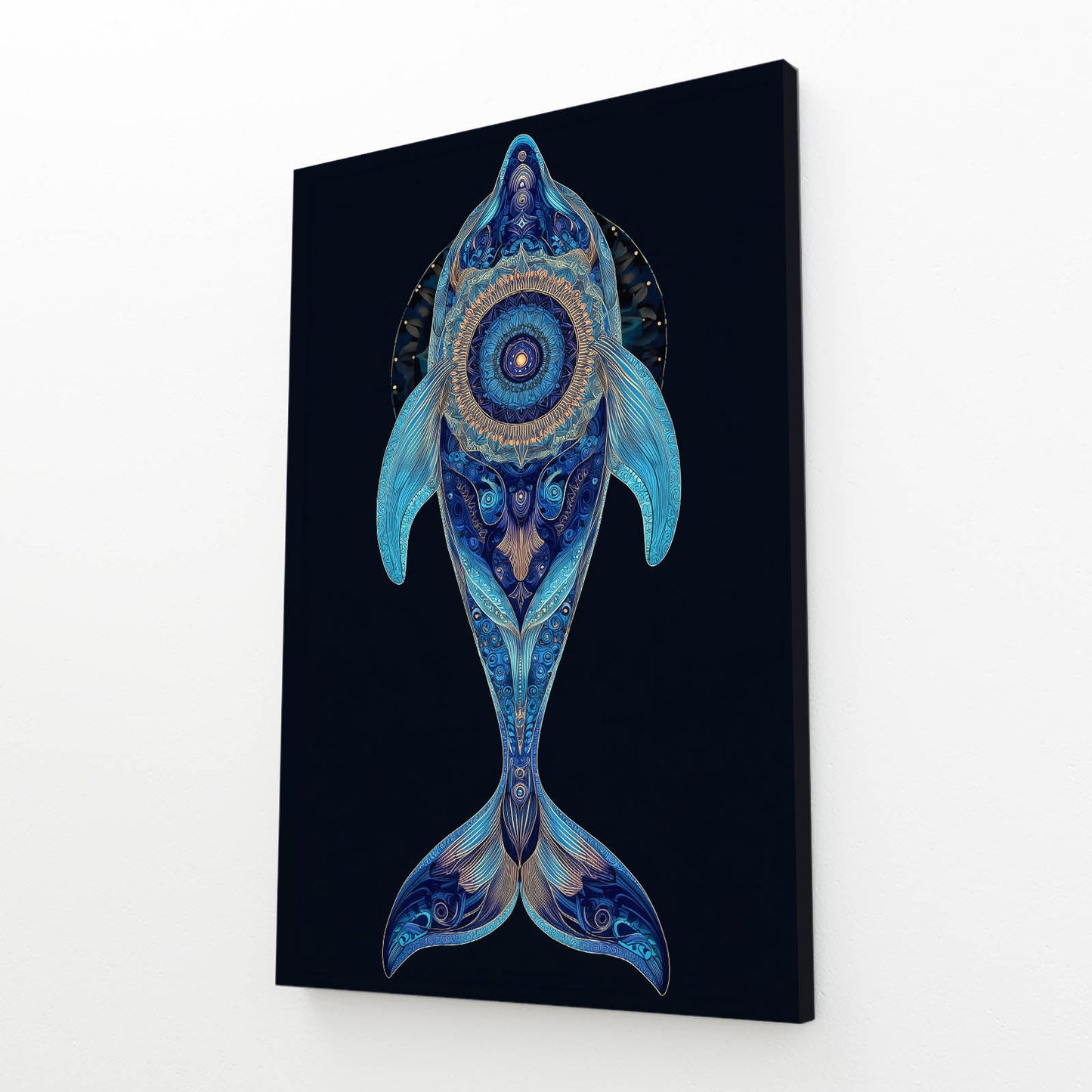 Blue Mandala Dolphin Art – dolphin from above built of intricate blue mandala patterns on navy
