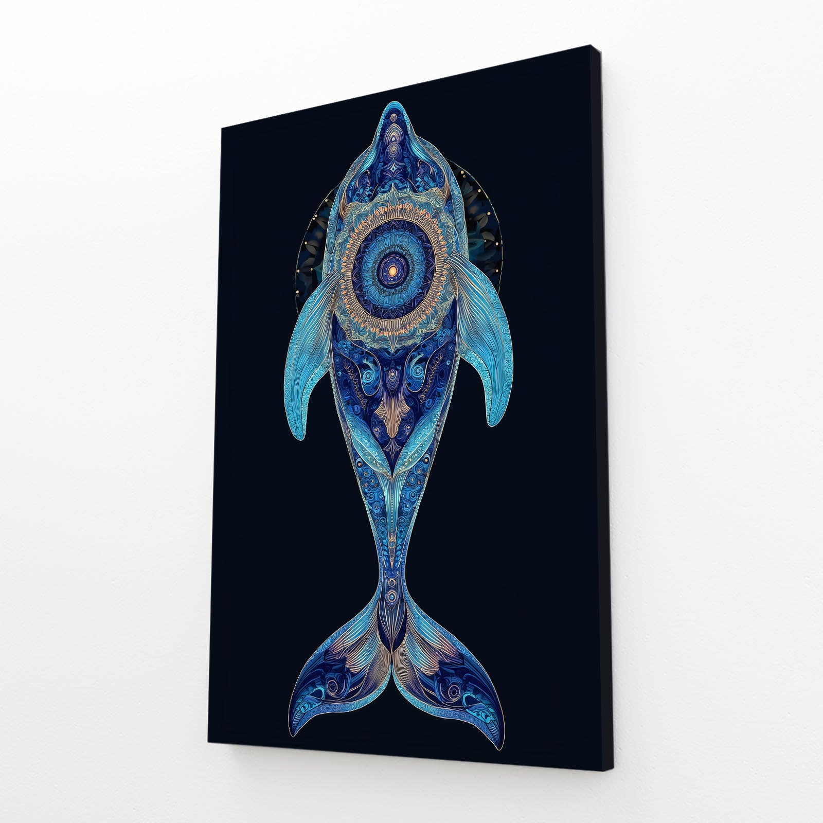 Blue Mandala Dolphin Art – dolphin from above built of intricate blue mandala patterns on navy
