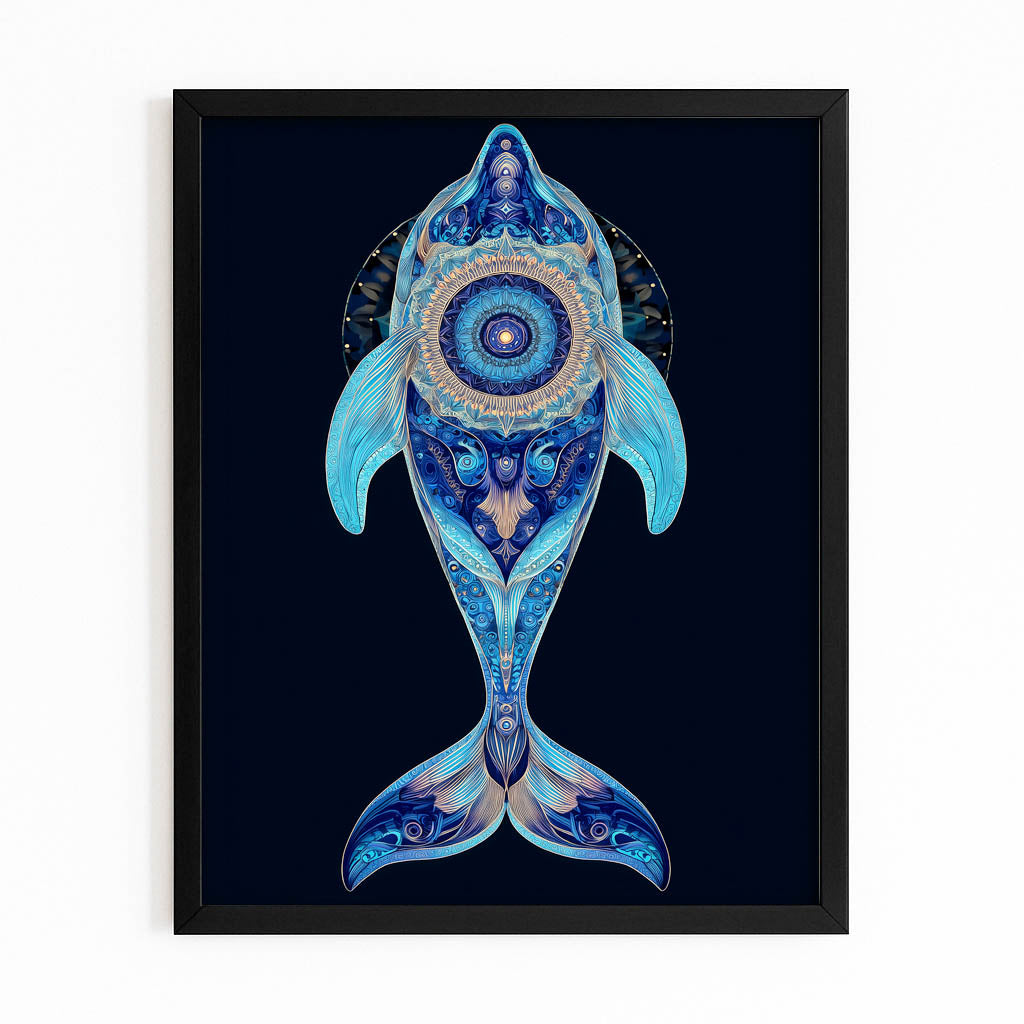 Blue Mandala Dolphin Art – angled canvas view on white background