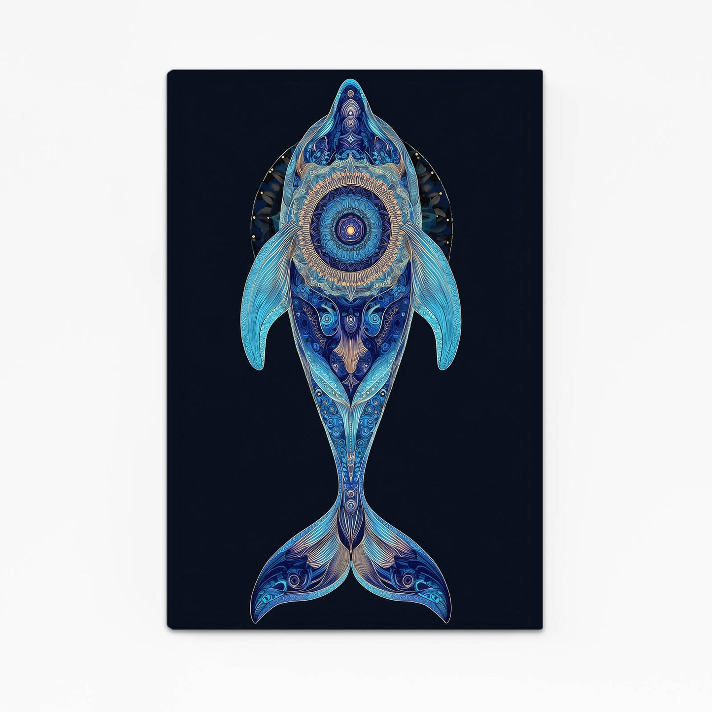 Blue Mandala Dolphin Art – with Premium Black wood frame on white background