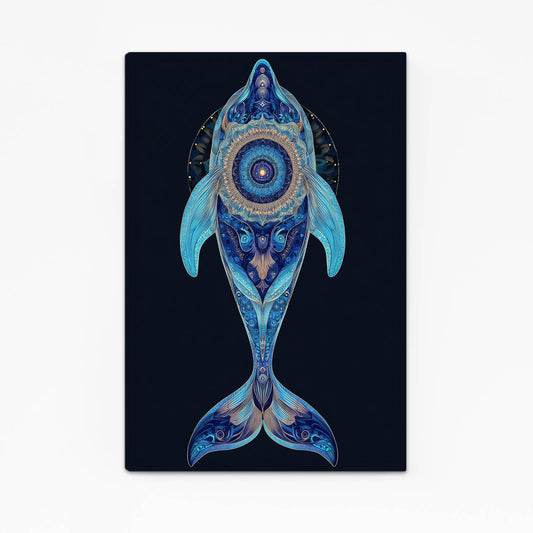 Blue Mandala Dolphin Art – with Premium Black wood frame on white background